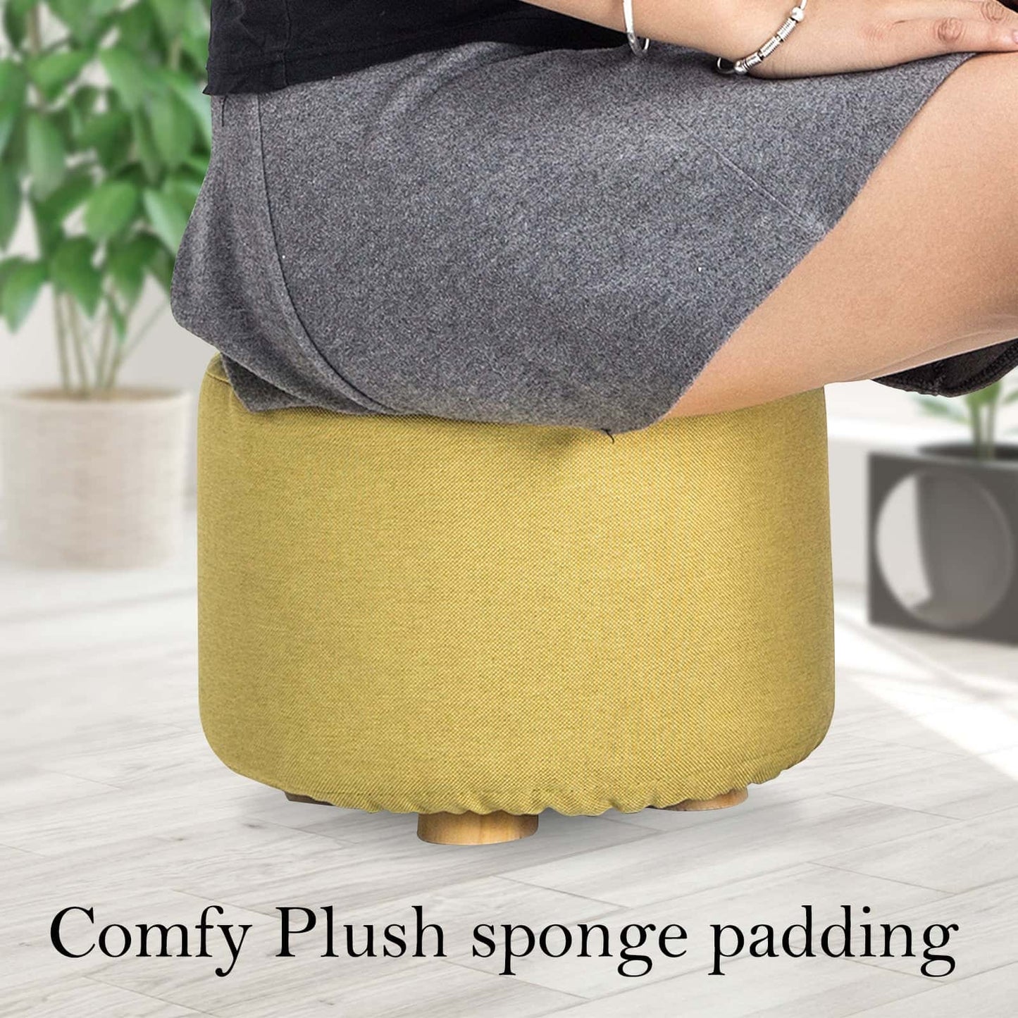 Best Fabric Ottoman Round Wooden Leg Foot Stool - MUSTARD YELLOW | Buy Online at Furniture Things Australia