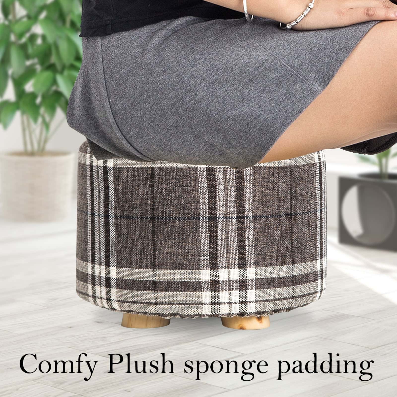 Best Fabric Ottoman Round Wooden Leg Foot Stool - LATTICE | Buy Online at Furniture Things Australia