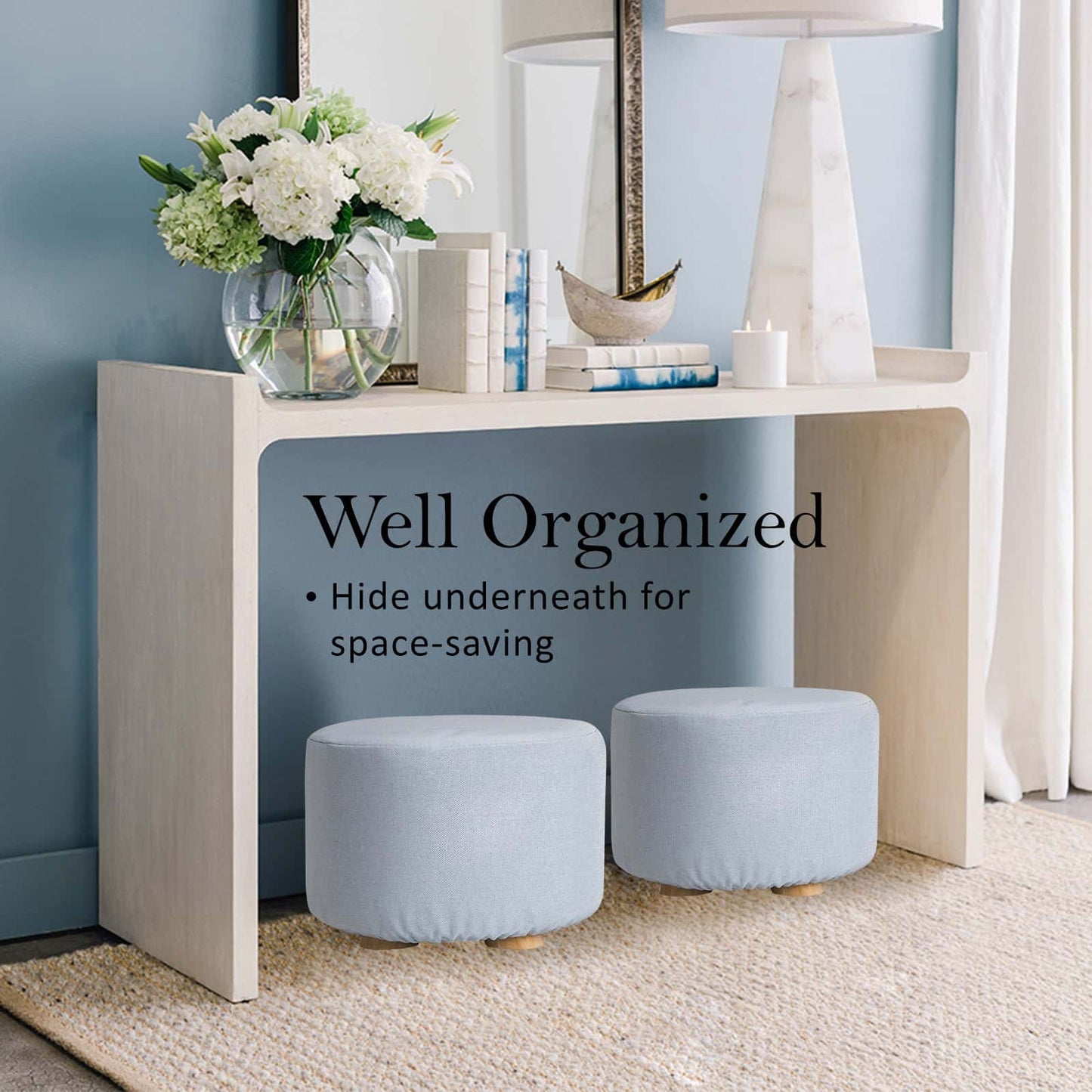 Best Fabric Ottoman Round Wooden Leg Foot Stool - LIGHT BLUE | Buy Online at Furniture Things Australia