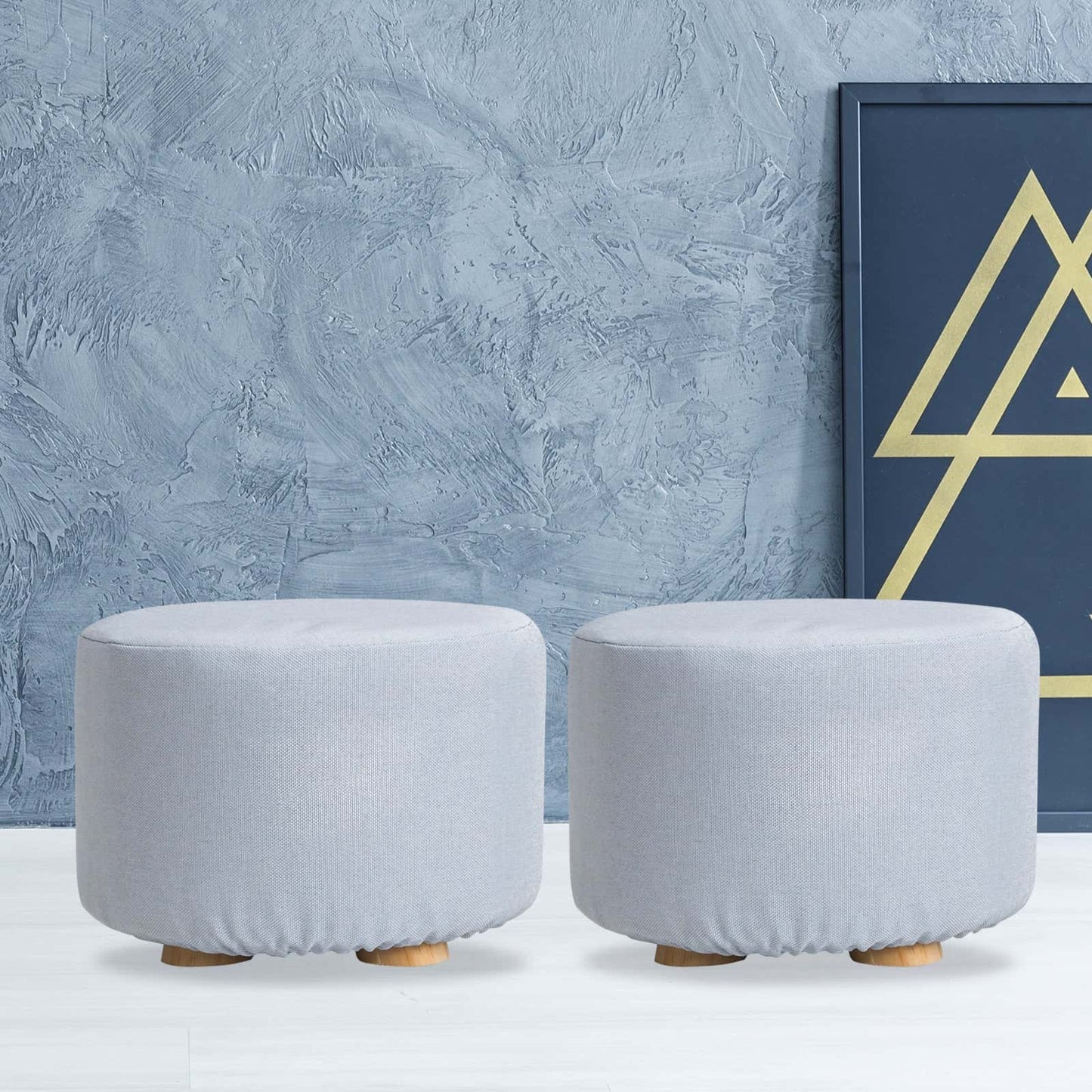 Best 2X Fabric Ottoman Round Wooden Leg Foot Stool - LIGHT BLUE | Buy Online at Furniture Things Australia
