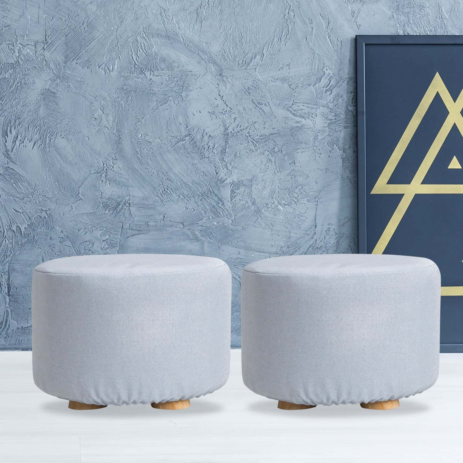 Best 2X Fabric Ottoman Round Wooden Leg Foot Stool - LIGHT BLUE | Buy Online at Furniture Things Australia