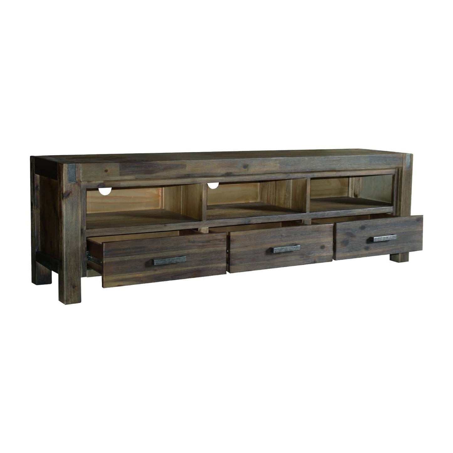 Best TV Cabinet with 3 Storage Drawers with Shelf Solid Acacia Wooden Frame Entertainment Unit in Chocolate Colour | Buy