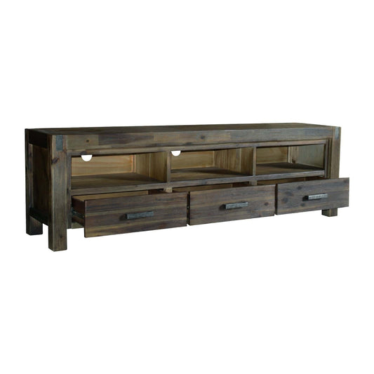 Best TV Cabinet with 3 Storage Drawers with Shelf Solid Acacia Wooden Frame Entertainment Unit in Chocolate Colour | Buy
