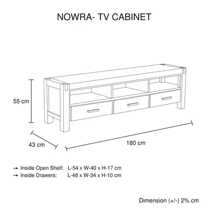 TV Cabinet with 3 Storage Drawers with Shelf Solid Acacia Wooden Frame Entertainment Unit in Oak Colour