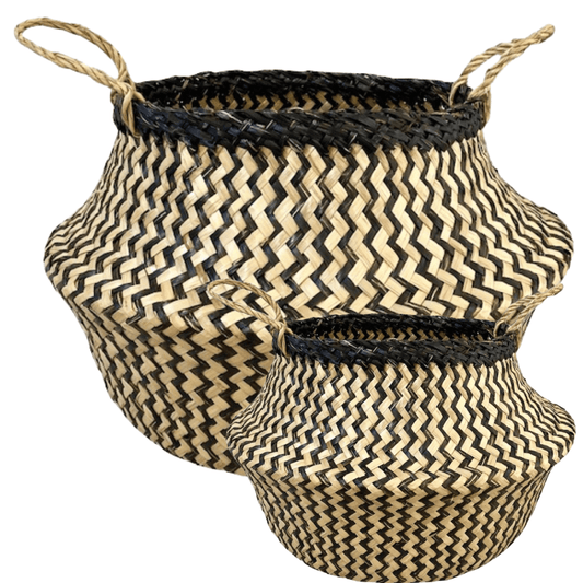 Best 2x ROUND BELLY SEAGRASS STORAGE BASKET Natural Straw Folding - Chevron BlackNatural | Buy Online at Furniture Thing