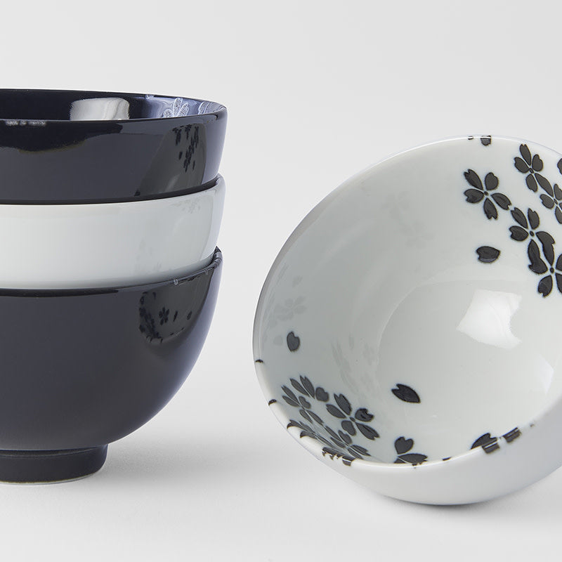 Bowl Set 4pcs Black White Sakura Design