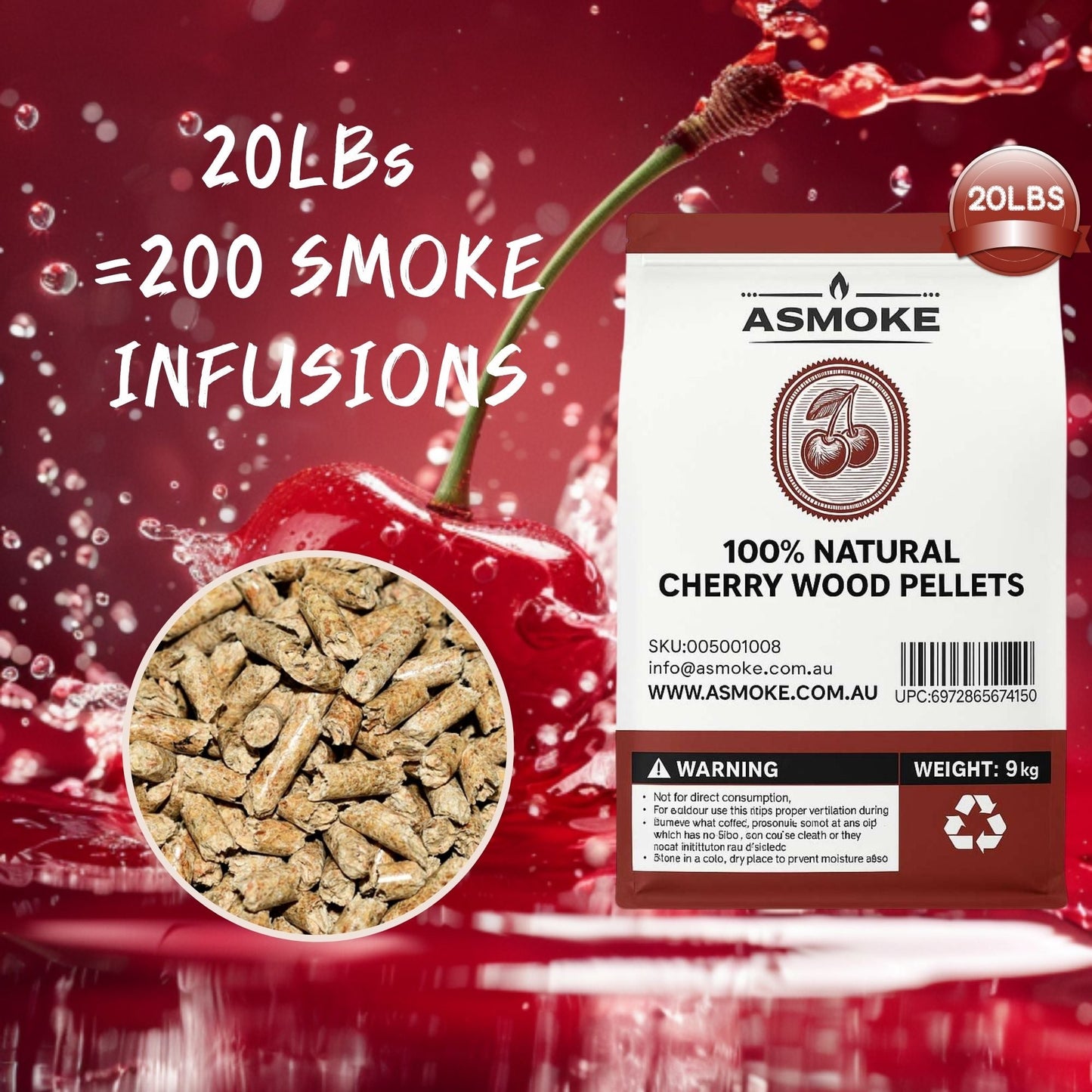 ASMOKE 100% Natural Cherry Wood BBQ Smoker Pellets (9kg / 20lbs)