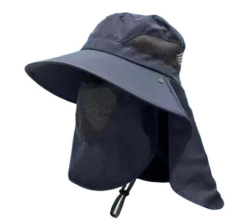 Navy Blue Outdoor UV Protection Hat for Men - Detachable Face & Neck Shield, Large Brim Sun Hat for Fishing, Hiking, and Outdoor Activities