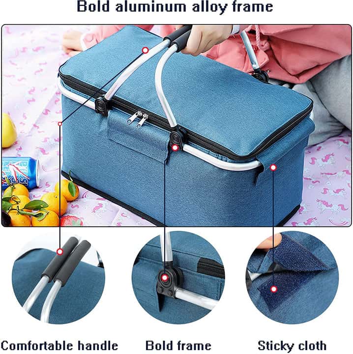 Best Green Leaves Portable Aluminum Foil Insulated Picnic Basket with Zipper Lid 40x20x23cm | Buy Online at Furniture Th