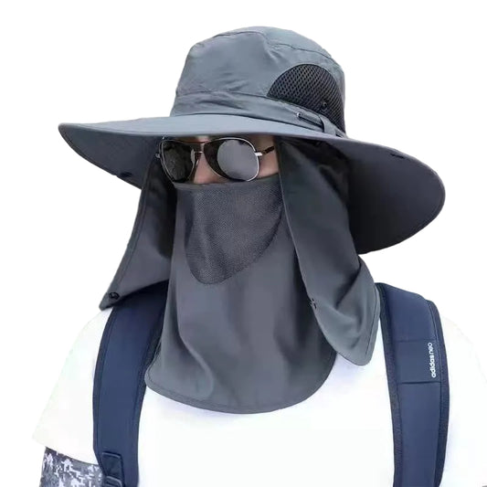 Dark Gray Outdoor UV Protection Sun Hat with Detachable Face and Neck Flap - Wide Brim, Breathable, and Lightweight