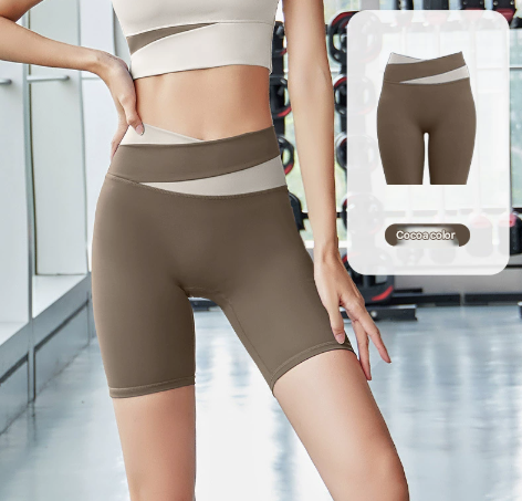L Brown Color-Block High-Waist Yoga Shorts