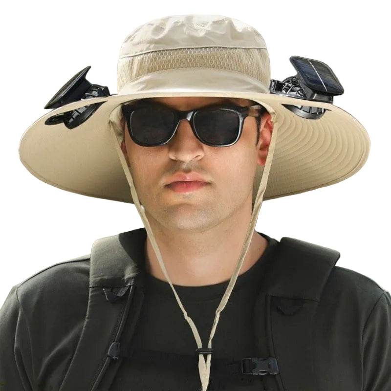 khaki Outdoor Sun Hat with Solar Fan Wide Brim 12cm - Rechargeable Cooling Cap for Fishing Hiking & Gardening - Adjustable 56-60cm