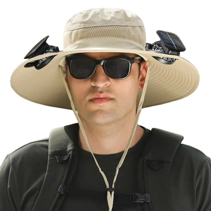 khaki Outdoor Sun Hat with Solar Fan Wide Brim 12cm - Rechargeable Cooling Cap for Fishing Hiking & Gardening - Adjustable 56-60cm