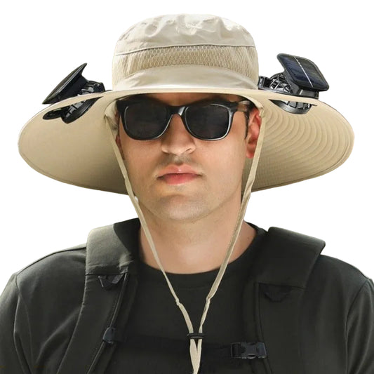 khaki Outdoor Sun Hat with Solar Fan Wide Brim 12cm - Rechargeable Cooling Cap for Fishing Hiking & Gardening - Adjustable 56-60cm