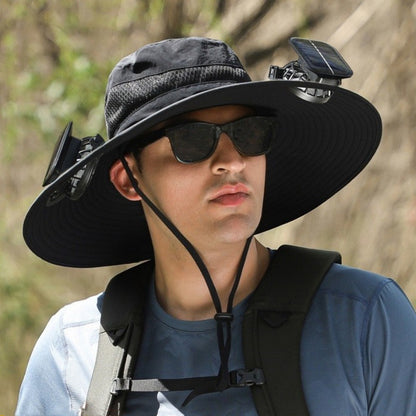 khaki Outdoor Sun Hat with Solar Fan Wide Brim 12cm - Rechargeable Cooling Cap for Fishing Hiking & Gardening - Adjustable 56-60cm