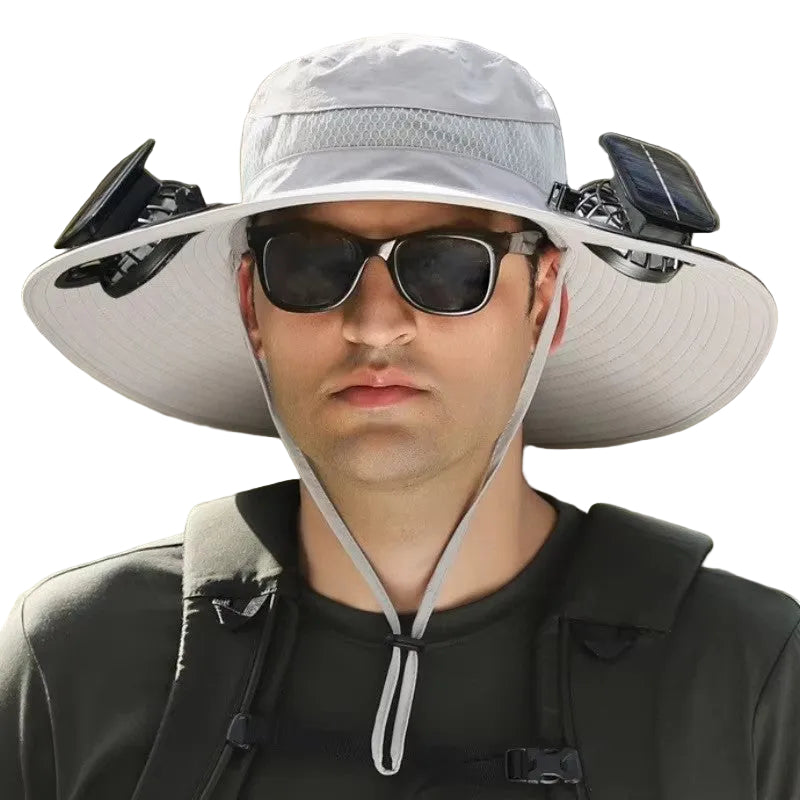 Grey Outdoor Sun Hat with Solar Fan Wide Brim 12cm - Rechargeable Cooling Cap for Fishing Hiking & Gardening - Adjustable 56-60cm