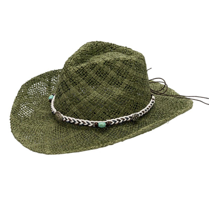 Green Handmade Straw Cowboy Hat, Summer Sun Hat, Outdoor Sun Protection, Fits Head Size 58-59cm