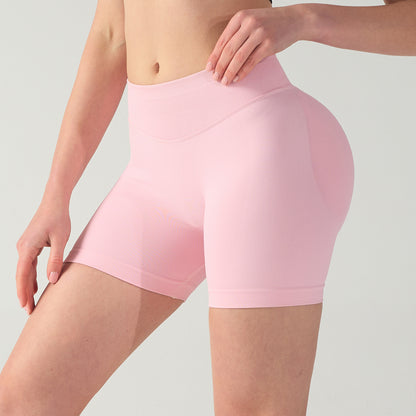 S Pink High-Elastic Hip Yoga Shorts - Seamless Mid-Intensity Pilates Workout Shorts