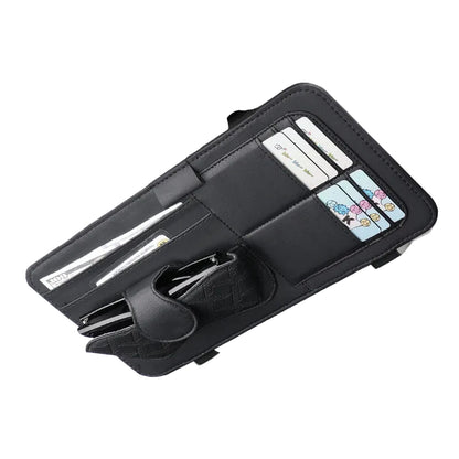 Black Car Organizer - Sun Visor Clip with Sunglasses Holder, Card Holder, Cash Pocket