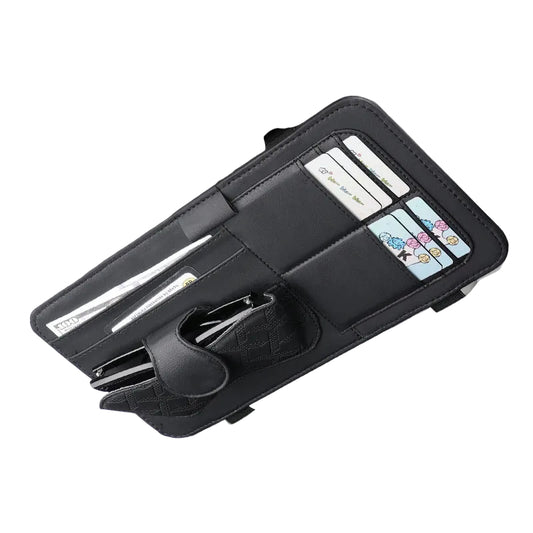 Black Car Organizer - Sun Visor Clip with Sunglasses Holder, Card Holder, Cash Pocket