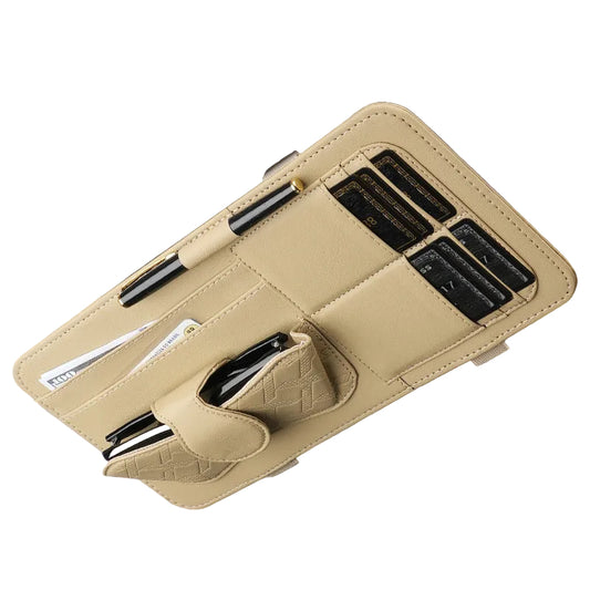 Khaki Car Organizer - Sun Visor Clip with Sunglasses Holder, Card Holder, Cash Pocket