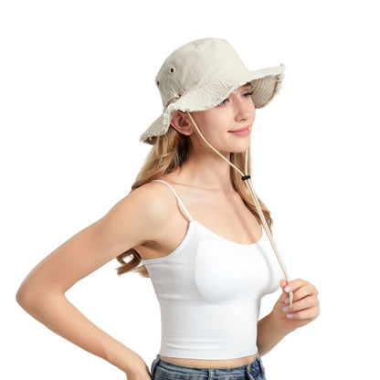 Beige Packable Cotton Bucket Hat - Folds into Wearable Pouch | Frayed Edge Sun Hat with Chin Strap