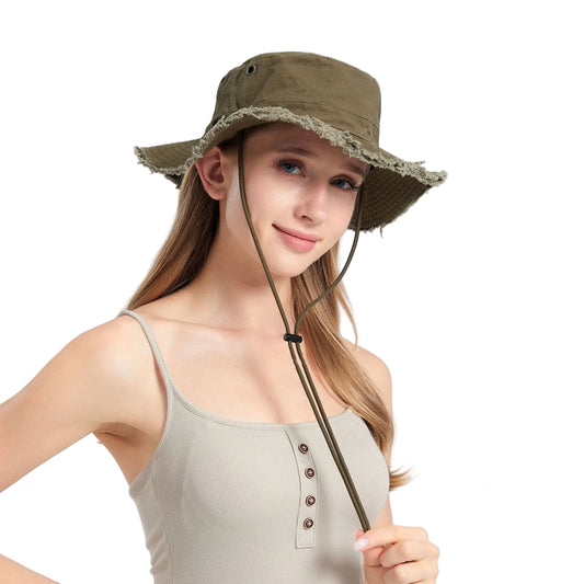 Green Packable Cotton Bucket Hat - Folds into Wearable Pouch | Frayed Edge Sun Hat with Chin Strap