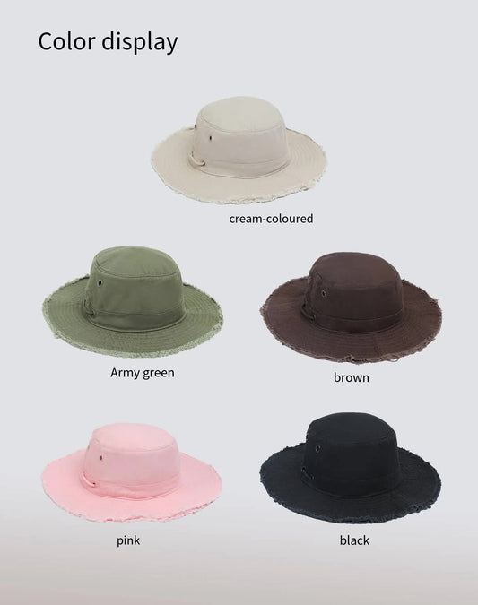 Green Packable Cotton Bucket Hat - Folds into Wearable Pouch | Frayed Edge Sun Hat with Chin Strap