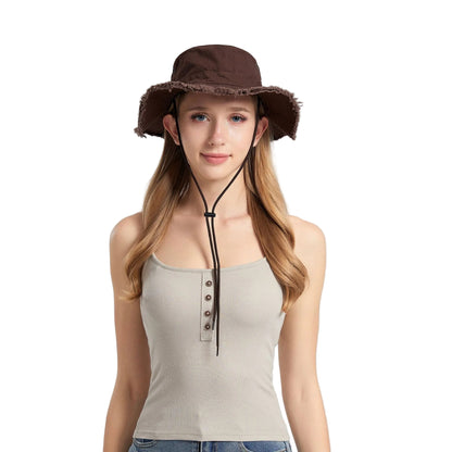Coffee Packable Cotton Bucket Hat - Folds into Wearable Pouch | Frayed Edge Sun Hat with Chin Strap