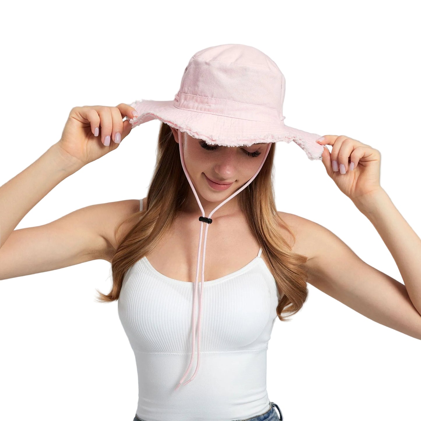 Pink Packable Cotton Bucket Hat - Folds into Wearable Pouch | Frayed Edge Sun Hat with Chin Strap
