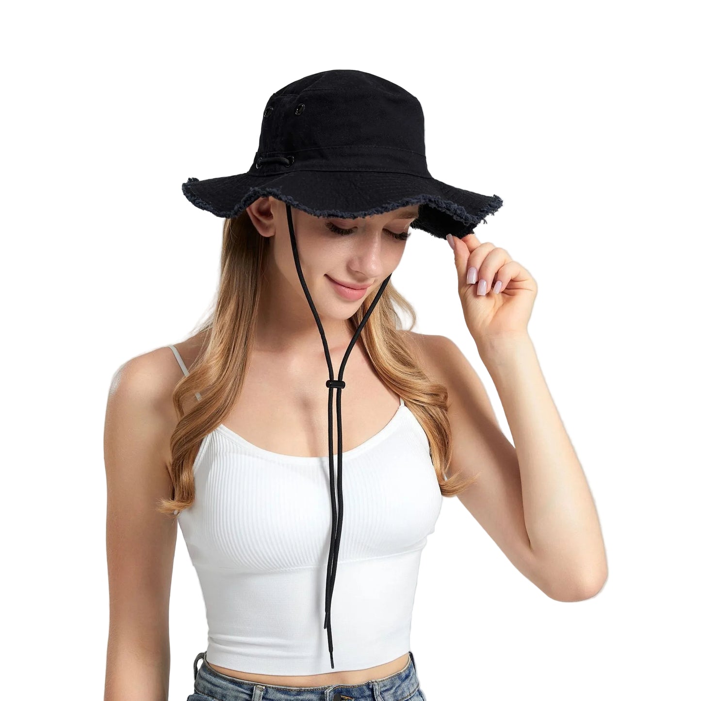 Black Packable Cotton Bucket Hat - Folds into Wearable Pouch | Frayed Edge Sun Hat with Chin Strap