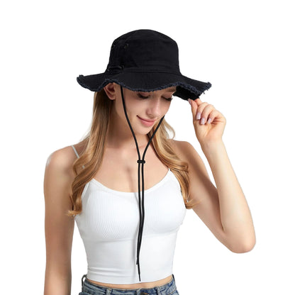 Black Packable Cotton Bucket Hat - Folds into Wearable Pouch | Frayed Edge Sun Hat with Chin Strap