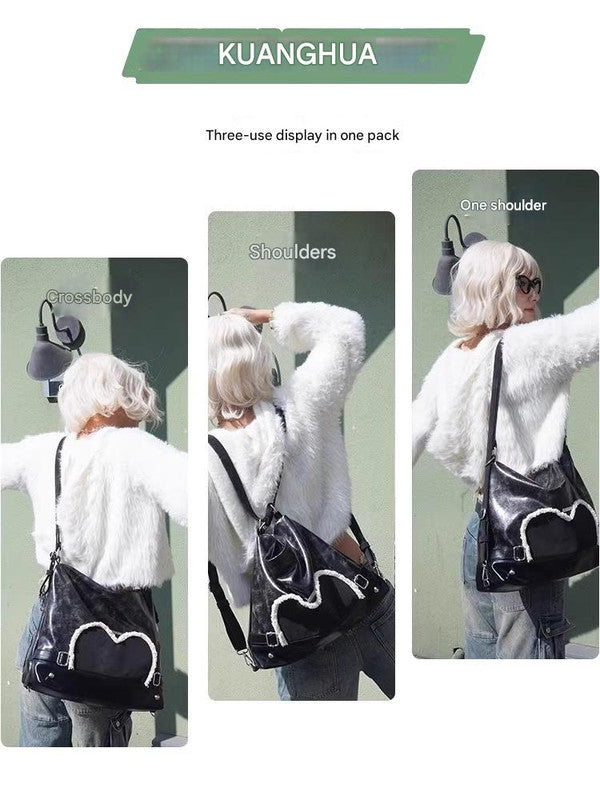 Stylish Black Tote Backpack with Heart Embellishment