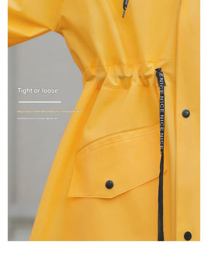 Yellow Women's Long Waterproof Raincoat with Hood and Visor - Stylish Rain Jacket (Size - L)
