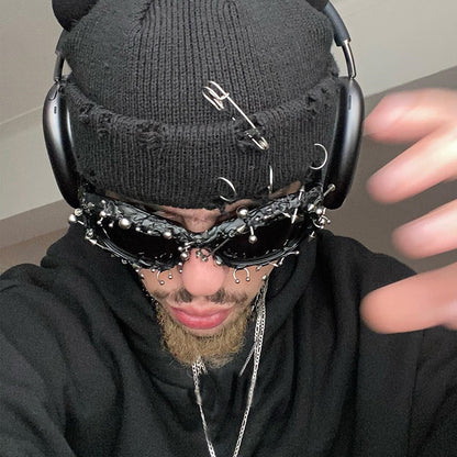 Green Edgy Punk Rock Spiked Sunglasses - Statement Goth Studded Eyewear