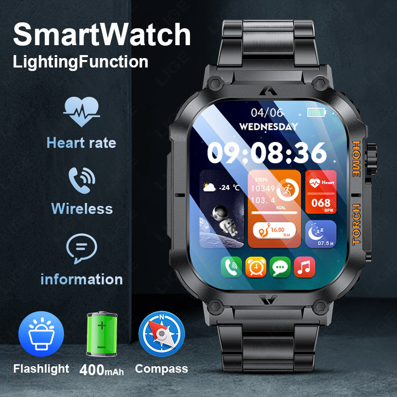 Smartwatch with Flashlight, Compass & Wireless Calling - Health & Fitness Tracker(Black silicone with black case)