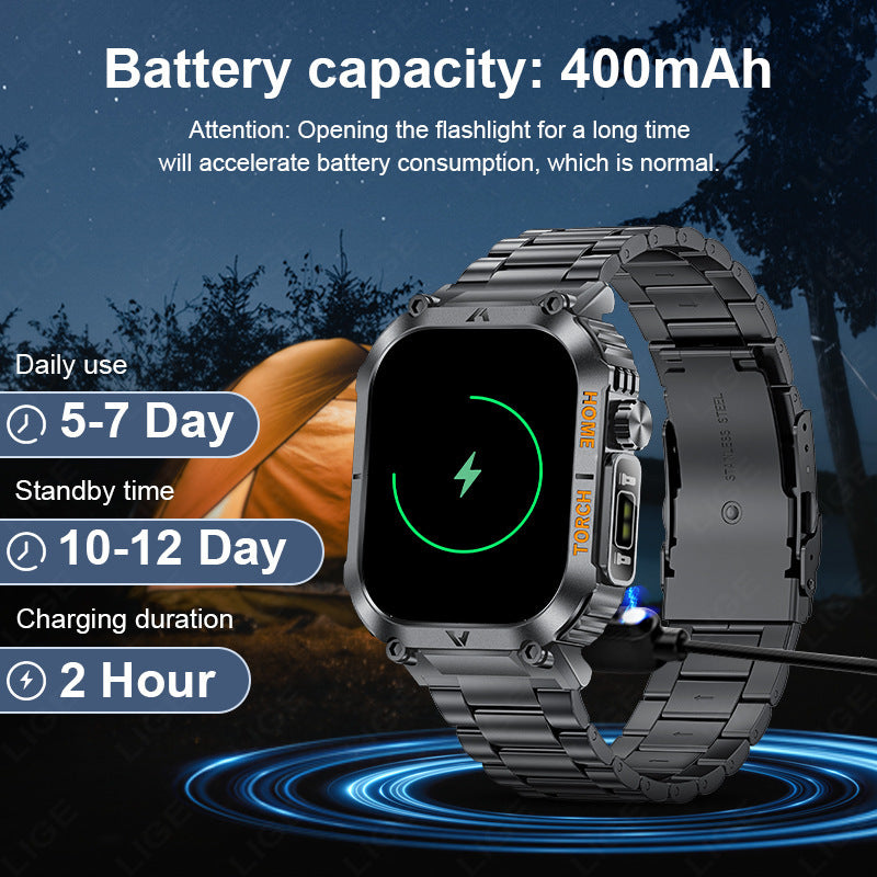 Smartwatch with Flashlight, Compass & Wireless Calling - Health & Fitness Tracker(Black silicone with silver case)