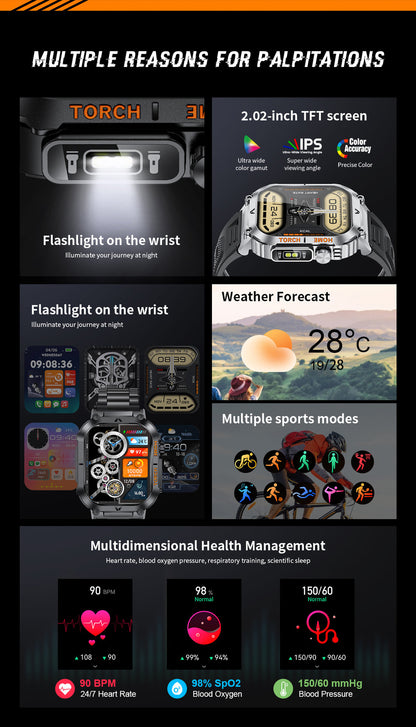 Smartwatch with Flashlight, Compass & Wireless Calling - Health & Fitness Tracker(Silver case with silver steel + black silicone)