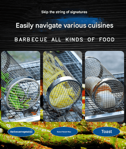 Best 2 Pcs Size S Silver Rolling Stainless Steel BBQ Grill Basket - Cylindrical Grilling Cage for Veggies Meats More 30