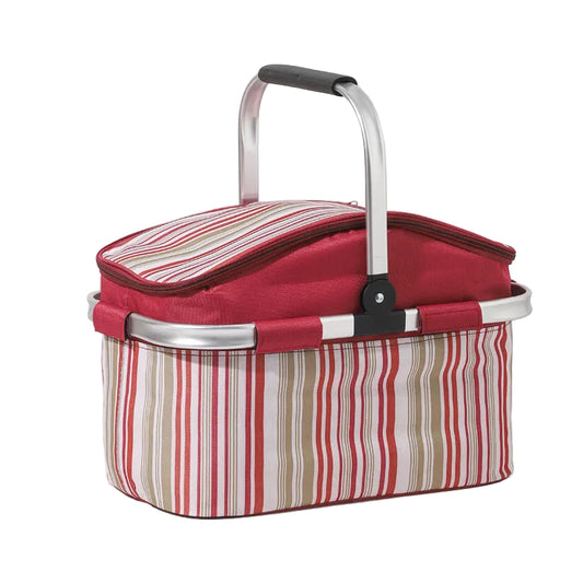 Red and Colored Stripes Large 27L Foldable Insulated Picnic Basket Cooler Bag - Lightweight Thermal Hamper with Aluminum Handles for Outdoor, Shopping & Camping