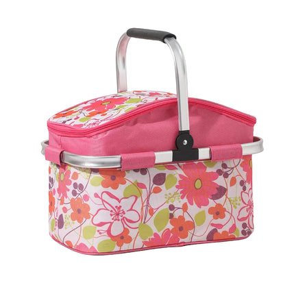 Pink and Floral Pattern Large 27L Foldable Insulated Picnic Basket Cooler Bag - Lightweight Thermal Hamper with Aluminum Handles for Outdoor, Shopping & Camping