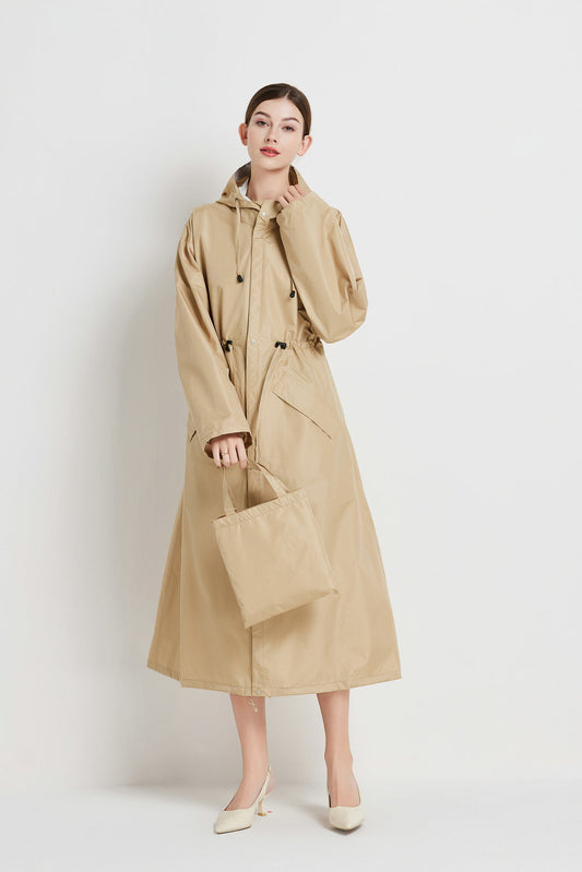 Size XL Khaki Women's Chic Lightweight Waterproof Raincoat - Long Hooded Packable Rain Jacket with Pouch