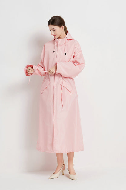 Size L Pink Women's Chic Lightweight Waterproof Raincoat - Long Hooded Packable Rain Jacket with Pouch