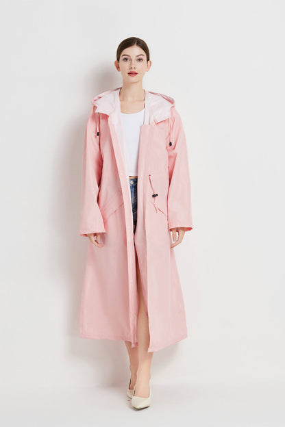 Size XL Pink Women's Chic Lightweight Waterproof Raincoat - Long Hooded Packable Rain Jacket with Pouch