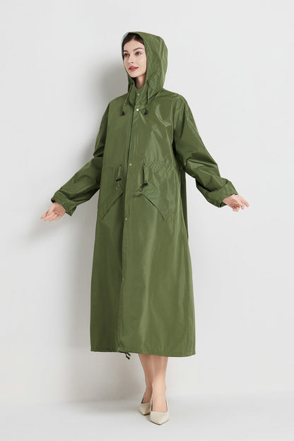 Size L Green Women's Chic Lightweight Waterproof Raincoat - Long Hooded Packable Rain Jacket with Pouch
