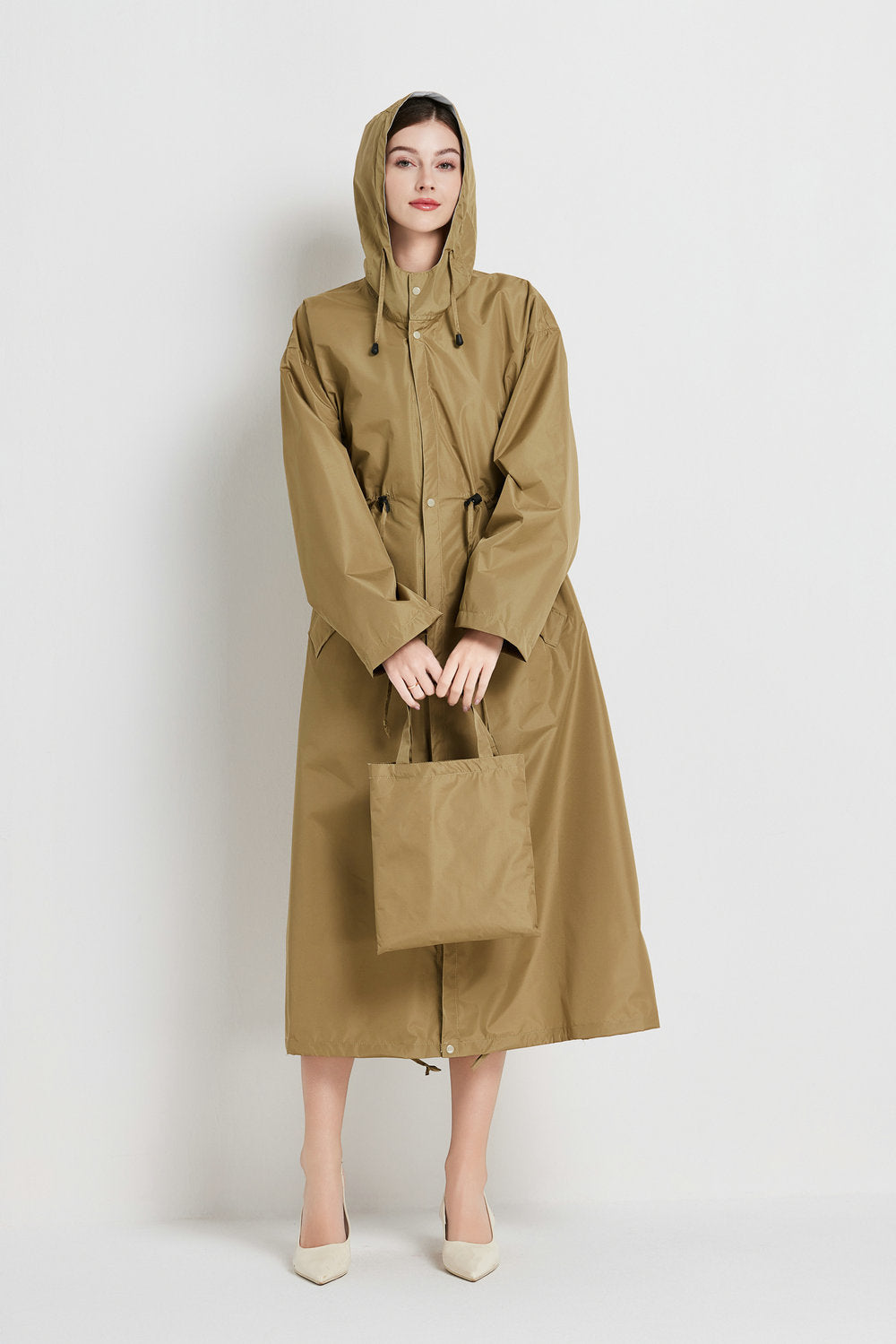 Size XL Brown Women's Chic Lightweight Waterproof Raincoat - Long Hooded Packable Rain Jacket with Pouch
