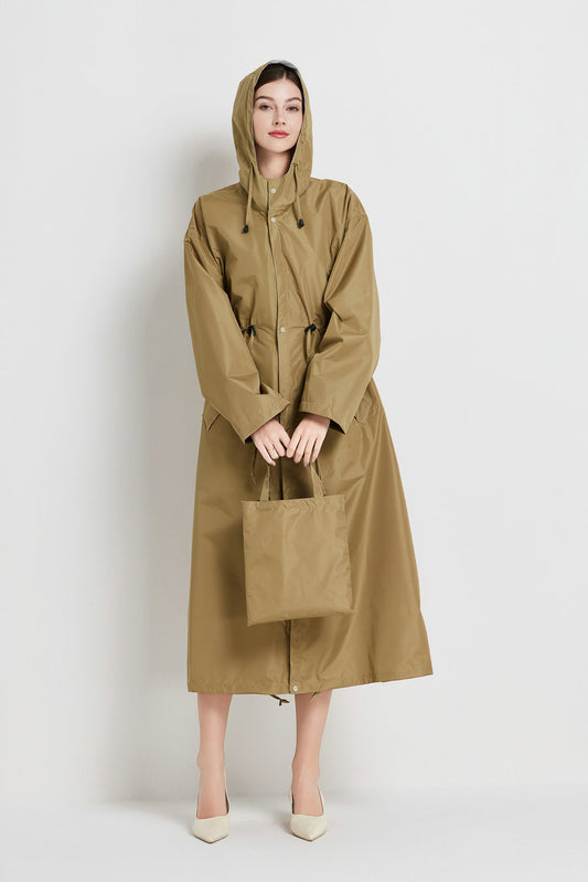 Size XL Brown Women's Chic Lightweight Waterproof Raincoat - Long Hooded Packable Rain Jacket with Pouch