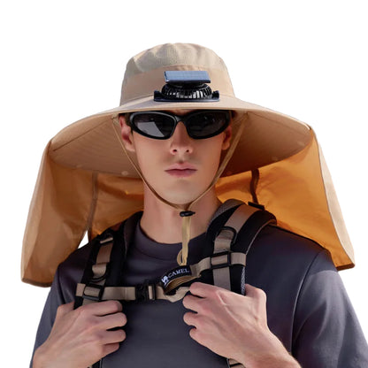 Khaki Outdoor Solar Fan Sun Hat - Large Brim Fishing Hiking Hat with Neck Cape