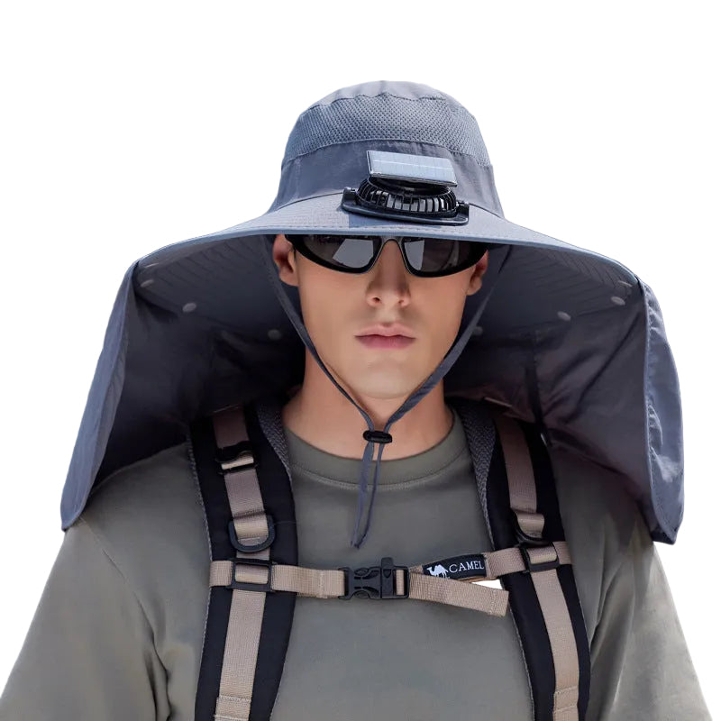 Dark Grey Outdoor Solar Fan Sun Hat - Large Brim Fishing Hiking Hat with Neck Cape