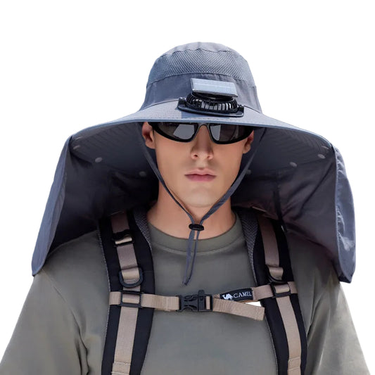 Dark Grey Outdoor Solar Fan Sun Hat - Large Brim Fishing Hiking Hat with Neck Cape